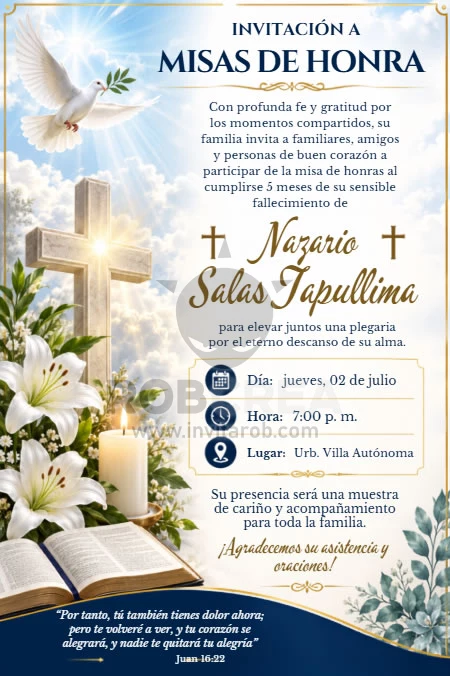 Invitación a Misa de Honras con Paloma, Cruz y Lirios – Editable en Canva