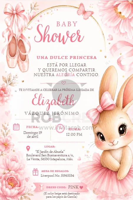 Invitación Baby Shower de Niña con Conejita Bailarina – Editable en Canva
