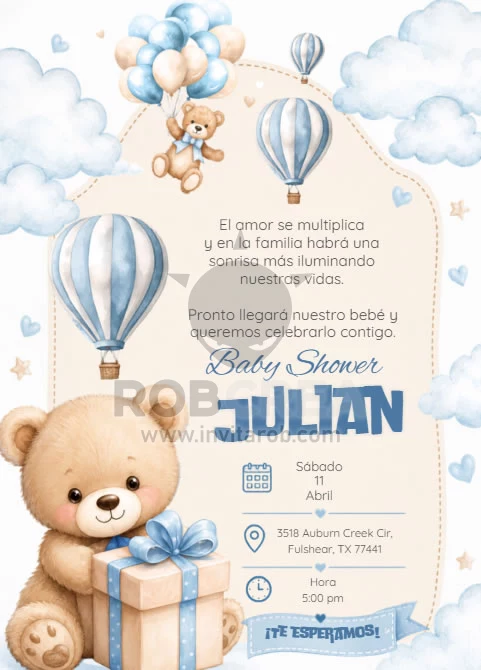 Invitación Baby Shower de Niño con Osito y Globos – Editable en Canva - Vista previa de plantilla editable en Canva