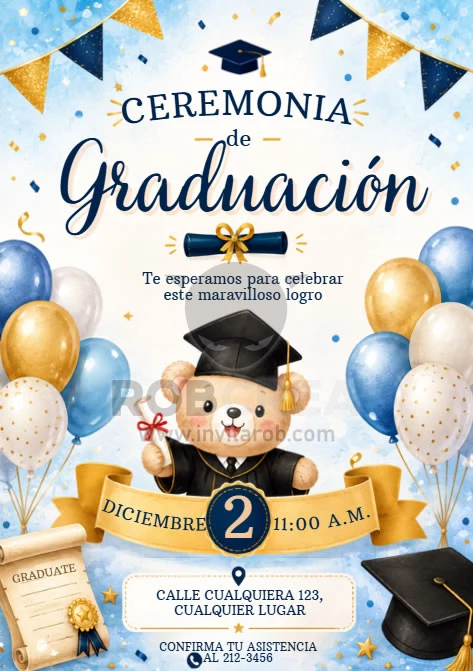 Invitación Ceremonia de Graduación Infantil con Osito y Globos – Editable en Canva - Vista previa de plantilla editable en Canva