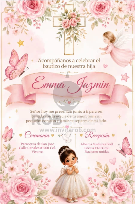 Invitación de Bautizo para Niña Floral Rosa con Angelita – Editable en Canva - Vista previa de plantilla editable en Canva
