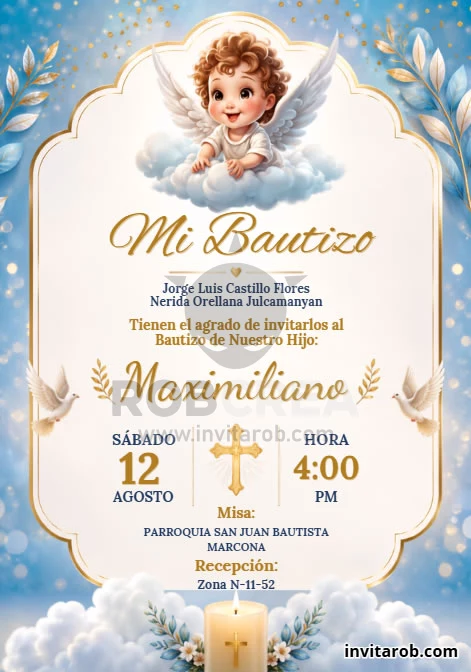Invitación de Bautizo para Niño con Angelito Celestial – Editable en Canva - Vista previa de plantilla editable en Canva