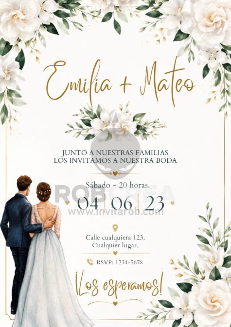 Invitación de Boda Floral Blanca y Dorada – Editable en Canva - Vista previa de plantilla editable en Canva