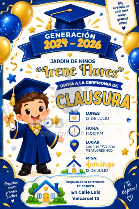 Invitación de Ceremonia de Clausura de Jardín de Niños – Editable en Canva - Vista previa de plantilla editable en Canva