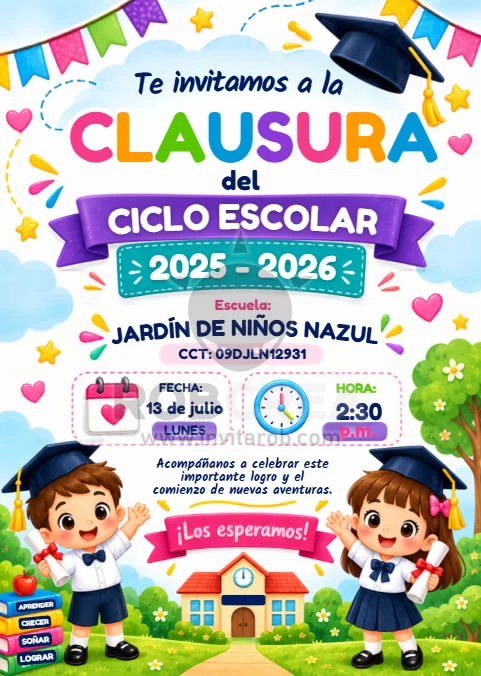 Invitación de Clausura del Ciclo Escolar Infantil – Editable en Canva