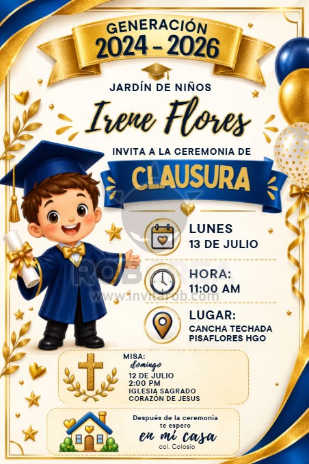Invitación de Clausura Preescolar con Niño Graduado Azul y Dorado – Editable en Canva - Vista previa de plantilla editable en Canva