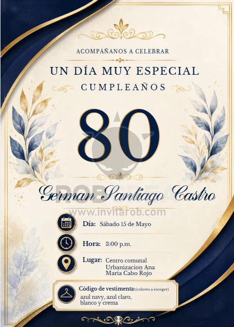 Invitación de Cumpleaños 80 Años Elegante Azul y Dorado – Editable en Canva - Vista previa de plantilla editable en Canva