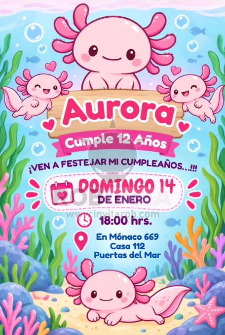 Invitación de Cumpleaños Ajolote Rosa Bajo el Mar – Editable en Canva