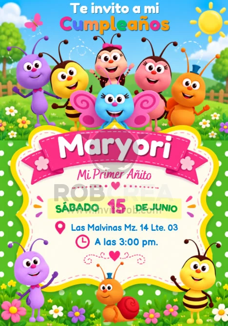 Invitación de Cumpleaños Bichikids – Fiesta Infantil Editable en Canva - Vista previa de plantilla editable en Canva