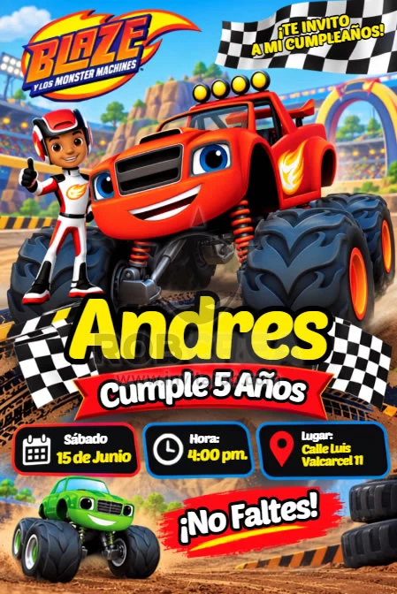 Invitación de Cumpleaños Blaze y los Monster Machines – Editable en Canva - Vista previa de plantilla editable en Canva