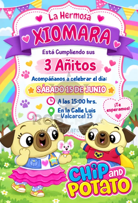 Invitación de Cumpleaños Chip and Potato – Editable en Canva - Vista previa de plantilla editable en Canva
