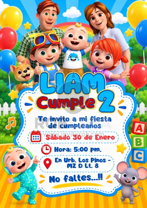 Invitación de Cumpleaños Cocomelon y su Familia – Editable en Canva - Vista previa de plantilla editable en Canva