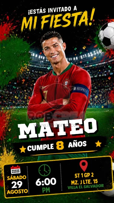 Invitación de Cumpleaños CR7 Portugal Estilo Estadio – Editable en Canva - Vista previa de plantilla editable en Canva