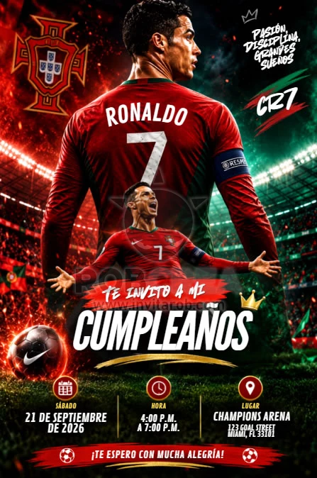 Invitación de Cumpleaños Cristiano Ronaldo CR7 Portugal – Editable en Canva