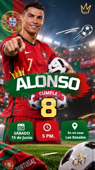 Invitación de Cumpleaños Cristiano Ronaldo Portugal con Balón – Editable en Canva - Vista previa de plantilla editable en Canva
