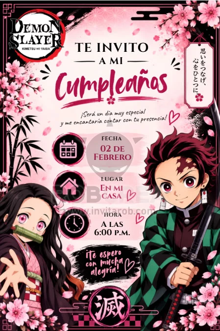 Invitación de Cumpleaños Demon Slayer con Tanjiro y Nezuko – Editable en Canva - Vista previa de plantilla editable en Canva