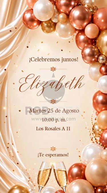 Invitación de Cumpleaños Elegante con Globos Rose Gold – Editable en Canva - Vista previa de plantilla editable en Canva