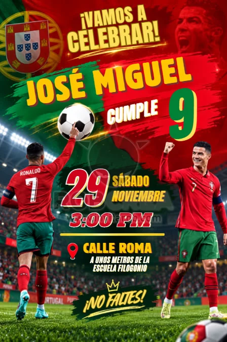 Invitación de Cumpleaños Fútbol Portugal con Ronaldo – Editable en Canva