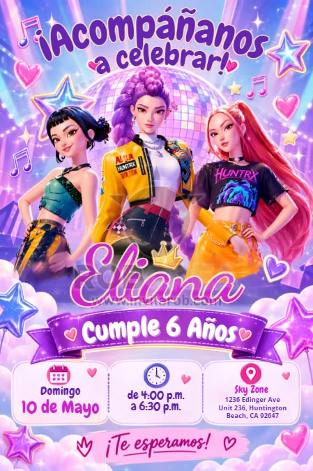 Invitación de Cumpleaños Guerreras K-Pop Huntrix – Editable en Canva