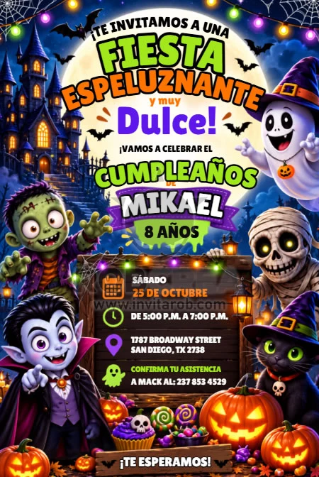 Invitación de Cumpleaños Halloween con Monstruos – Editable en Canva