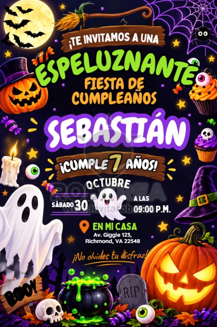 Invitación de Cumpleaños Halloween Espeluznante con Fantasma y Calabaza – Editable en Canva