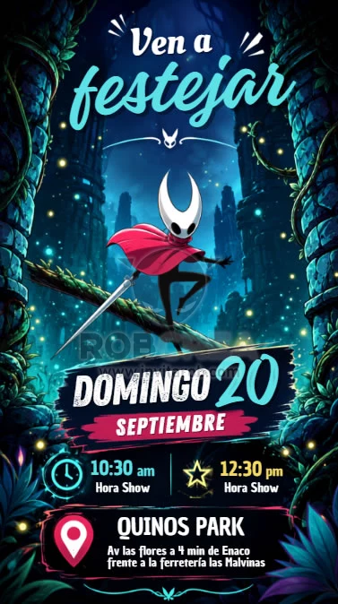 Invitación de Cumpleaños Hollow Knight con Hornet – Editable en Canva - Vista previa de plantilla editable en Canva