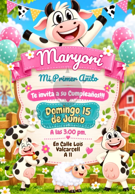 Invitación de Cumpleaños La Vaca Lola – Editable en Canva - Vista previa de plantilla editable en Canva