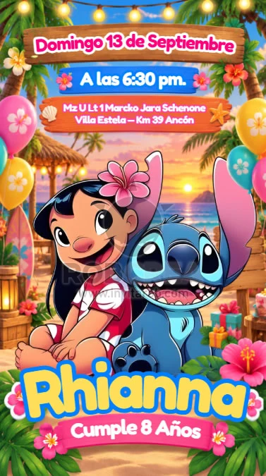 Invitación de Cumpleaños Lilo y Stitch Hawaiana – Editable en Canva - Vista previa de plantilla editable en Canva