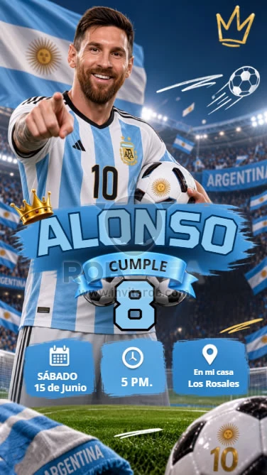 Invitación de Cumpleaños Lionel Messi Argentina con Balón – Editable en Canva