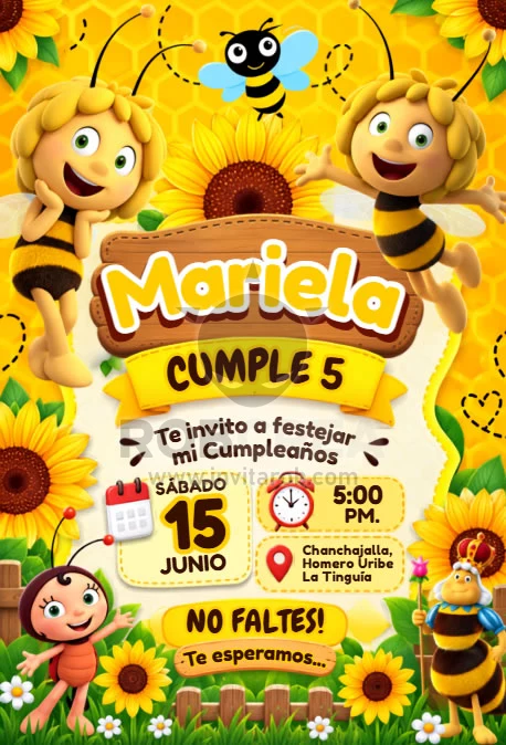 Invitación de Cumpleaños Maya la Abeja con Girasoles – Editable en Canva