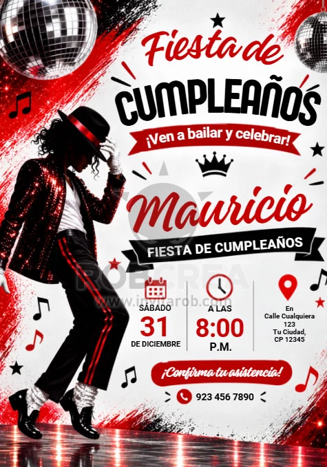 Invitación de Cumpleaños Michael Jackson Rojo y Negro – Editable en Canva - Vista previa de plantilla editable en Canva