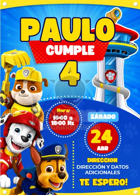 Invitación de Cumpleaños Paw Patrol con Chase, Marshall y Rubble – Editable en Canva