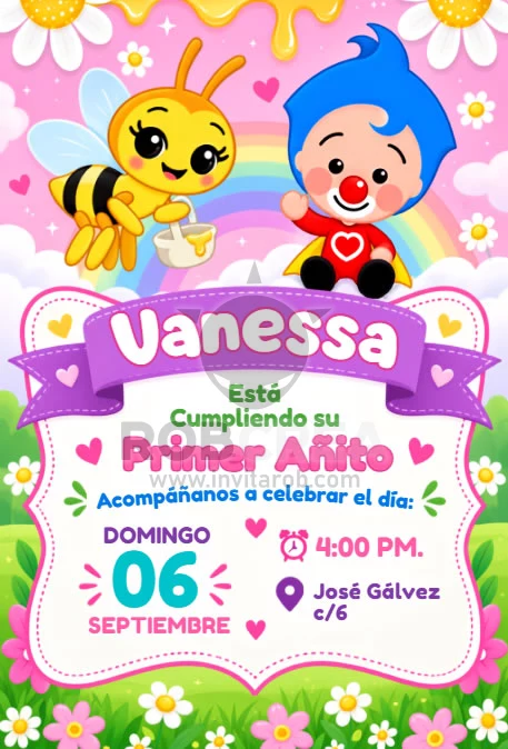 Invitación de Cumpleaños Plim Plim y la Abejita – Editable en Canva - Vista previa de plantilla editable en Canva