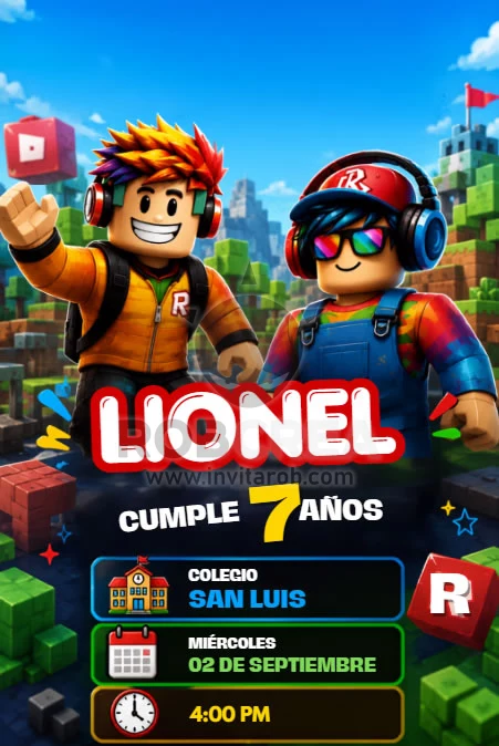 Invitación de Cumpleaños Roblox para Niño – Editable en Canva - Vista previa de plantilla editable en Canva