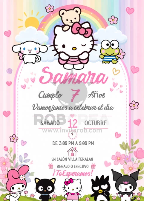 Invitación de Cumpleaños Sanrio con Hello Kitty y Amigos – Editable en Canva - Vista previa de plantilla editable en Canva