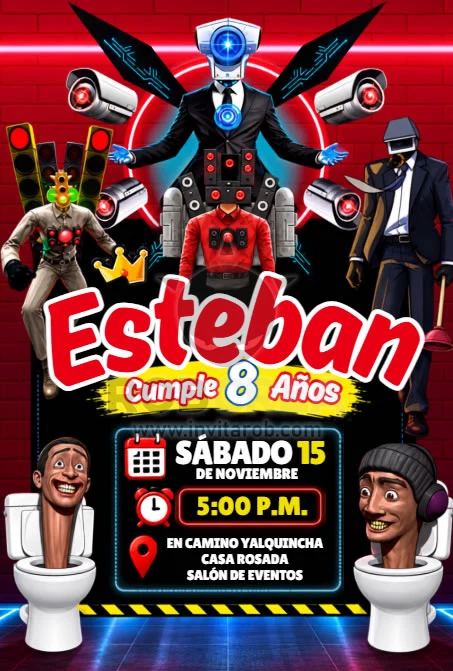Invitación de Cumpleaños Skibidi Toilet – Editable en Canva - Vista previa de plantilla editable en Canva
