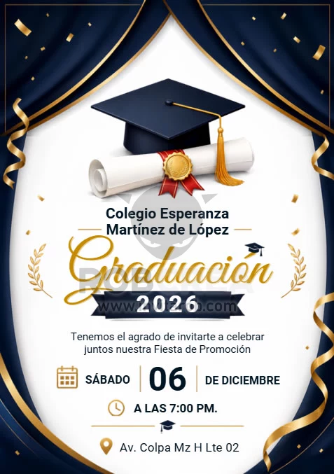 Invitación de Graduación Azul Marino y Dorado – Editable en Canva