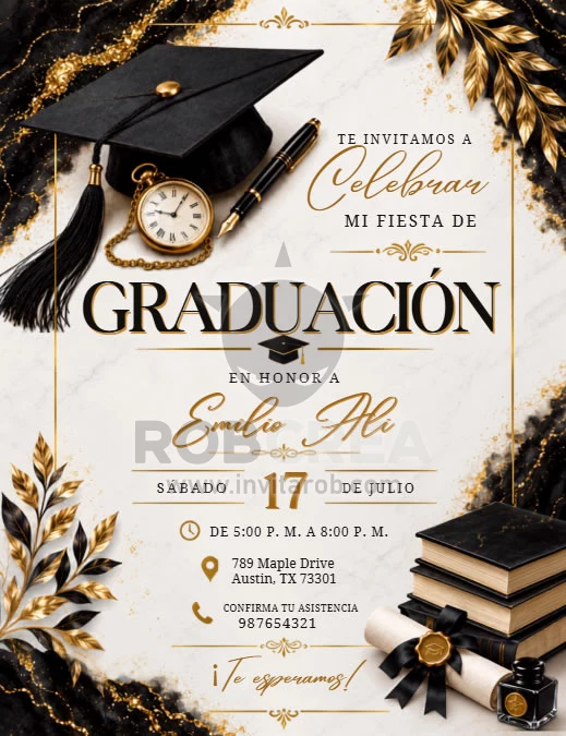 Invitación de Graduación Clásica Negro y Dorado con Libros – Editable en Canva - Vista previa de plantilla editable en Canva