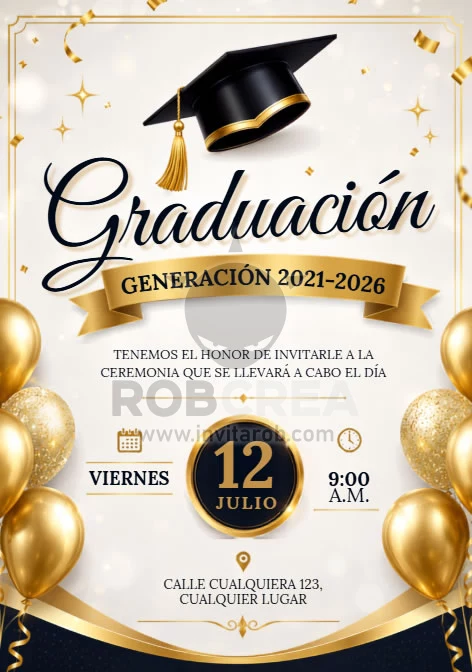 Invitación de Graduación con Globos Dorados – Editable en Canva