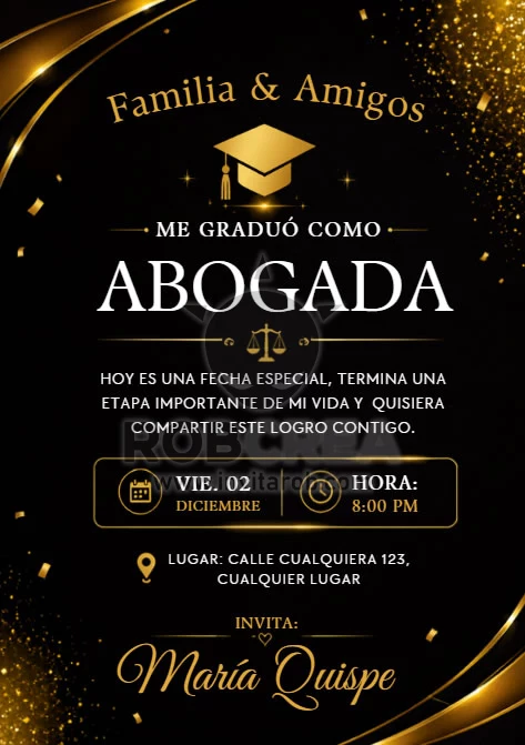 Invitación de Graduación de Abogada Negro y Dorado – Editable en Canva - Vista previa de plantilla editable en Canva