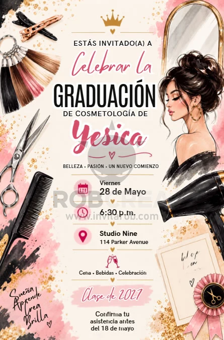 Invitación de Graduación de Cosmetología y Belleza – Editable en Canva