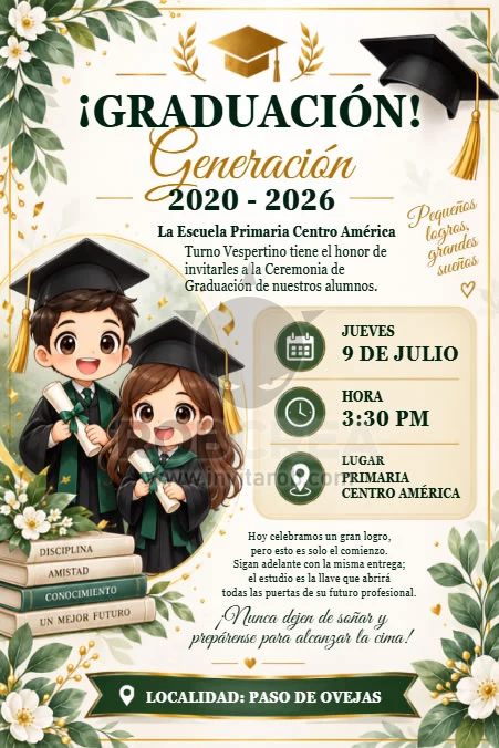 Invitación de Graduación de Primaria con Niños Graduados – Editable en Canva