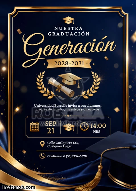 Invitación de Graduación Elegante Azul y Dorado – Editable en Canva