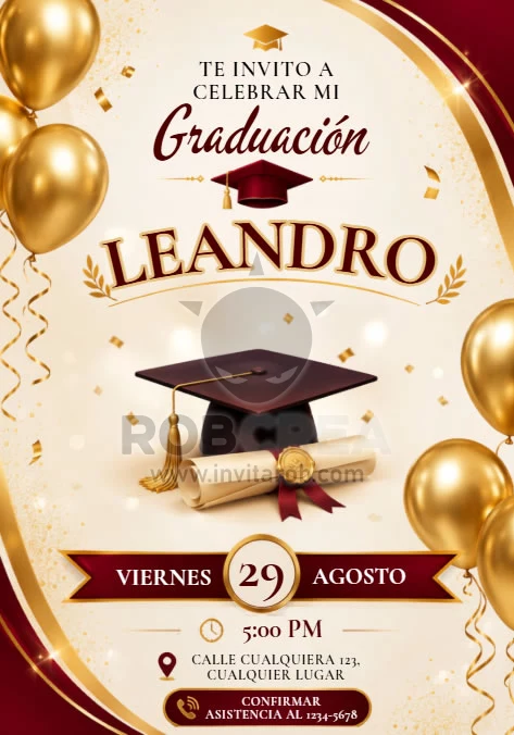 Invitación de Graduación Elegante Rojo y Dorado con Globos – Editable en Canva