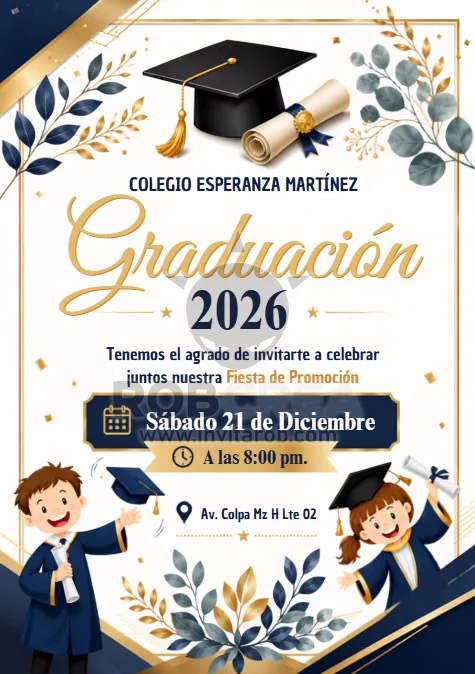 Invitación de Graduación Escolar con Niños y Detalles Elegantes – Editable en Canva - Vista previa de plantilla editable en Canva