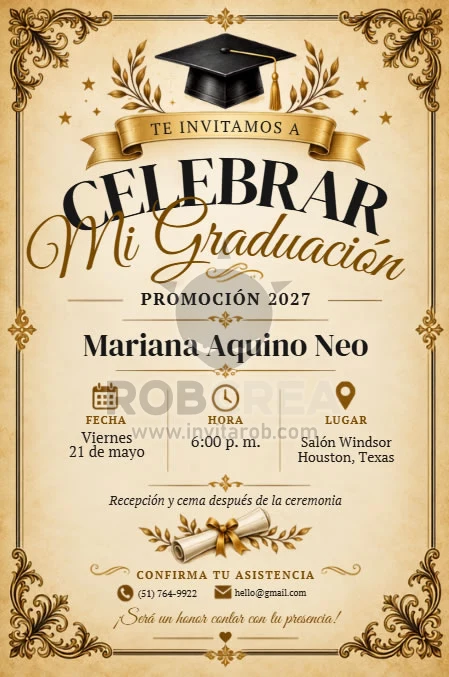 Invitación de Graduación Estilo Clásico Vintage Dorado – Editable en Canva - Vista previa de plantilla editable en Canva
