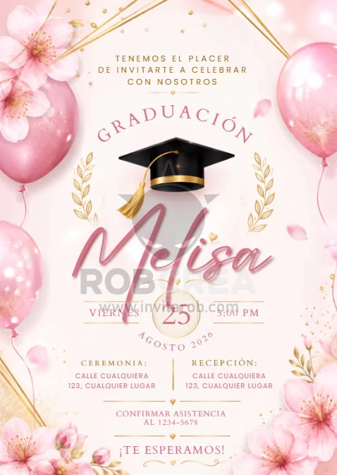 Invitación de Graduación Floral Rosa con Globos – Editable en Canva - Vista previa de plantilla editable en Canva