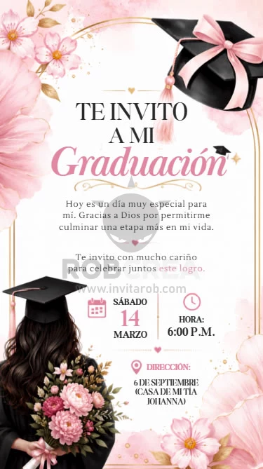 Invitación de Graduación Floral Rosa con Graduada – Editable en Canva - Vista previa de plantilla editable en Canva