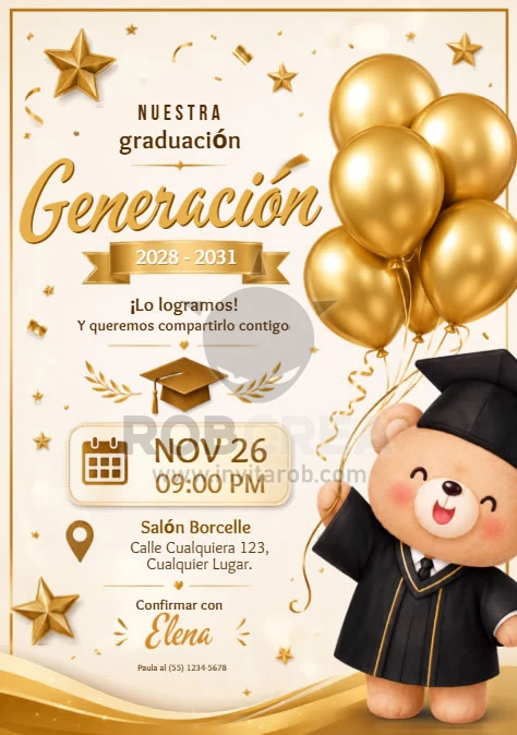 Invitación de Graduación Infantil con Osito y Globos Dorados – Editable en Canva - Vista previa de plantilla editable en Canva
