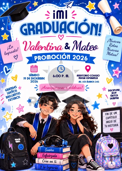 Invitación de Graduación Juvenil para Pareja de Graduados – Editable en Canva - Vista previa de plantilla editable en Canva